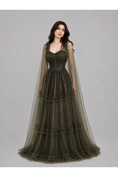 ranin Olive Green Evening Dress Luxurious Embroidery and Elegant Fit for a Cl...