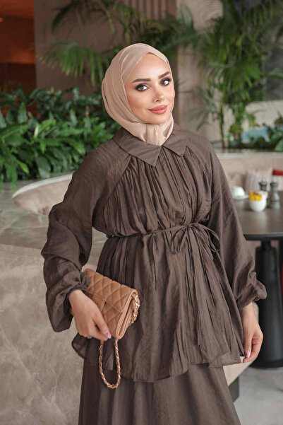 İmajButik Kahverengi Bel İp Bağlamalı Gömlek Etekli Takım