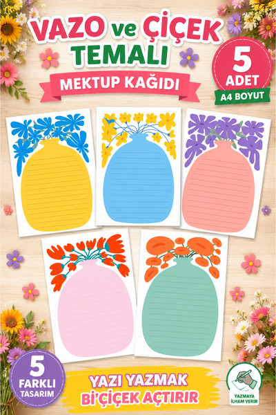 Organik Yolda Vazo ve Çiçek Temalı Mektup Kağıdı Seti 5 Adet A4 | Renkli Tasa...