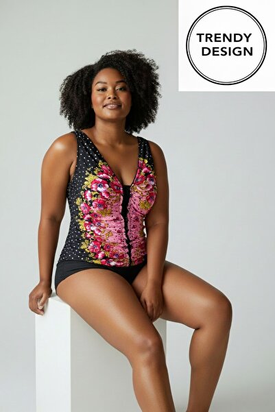 Trendy Design Floral Printed with V-Neck and Slimming Effect Plus Sizes 48-56