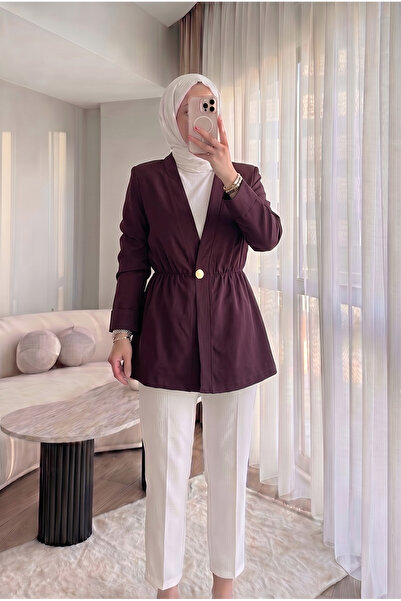 HİFADEN Kadın Beli Lastikli Gold Düğmeli Mevsimlik Şık Tesettür Blazer Ceket