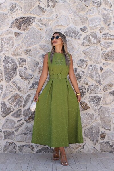 bytugcekaya Pistachio Green Stone Belted Halter Flared Dress