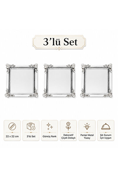 Turkco Silver Flower Detailed Square Presentation Tray 22X22 cm Engagement Co...