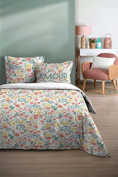 Stof Set de lenjerie de pat din bumbac, pentru pat dublu, cu flori colorate, ...