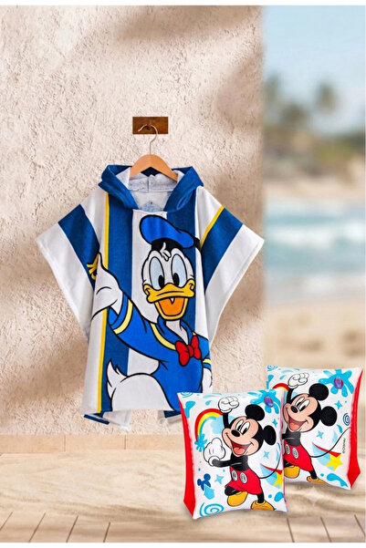 Mickey & Friends Erkek Çocuk Plaj Havlusu Panço + Yüzme Kolluk Plaj Havuz Set...