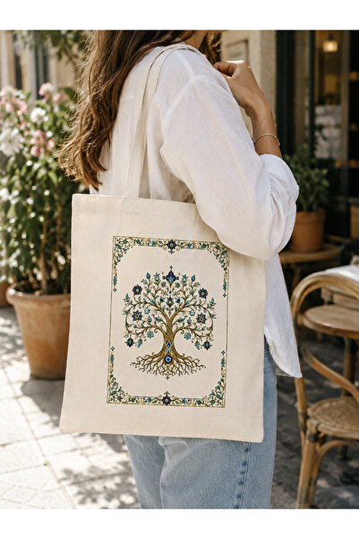 Tomris Hatun Tree of Life Themed Printed Raw Cloth Bag, Shoulder Bag, Shoppin...