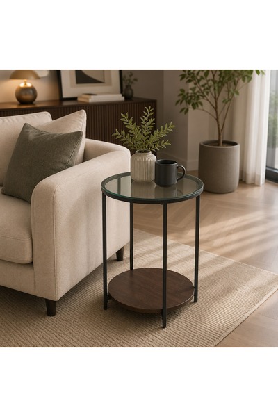 N.zone Modern Round Side Table with Clear Glass Top and Wooden Bottom Shelf, ...
