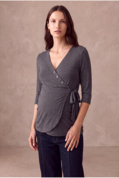 WESTMARK LONDON Maternity Maternity Gray Viscose V-Neck 3/4 Sleeve Buttoned S...