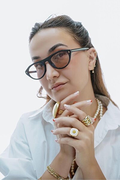 Stil Noktası Prd Black Frame Honey Color Glass Sunglasses