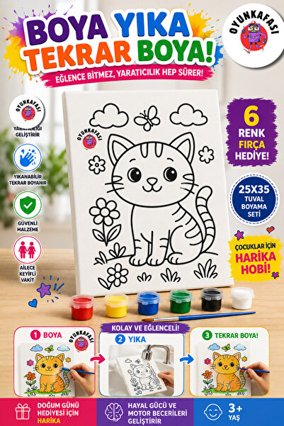 OYUNKAFASI 25x35 cm Kedili Tuval Boyama Seti | 6'lı Akrilik Boya + 1 Fırça | ...