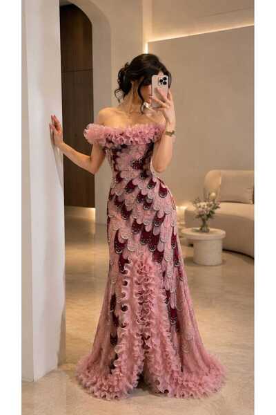 SAMEERAH STYLE Luxury Pink Sequin Embroidered Ruffle Maxi Evening Dress Elega...