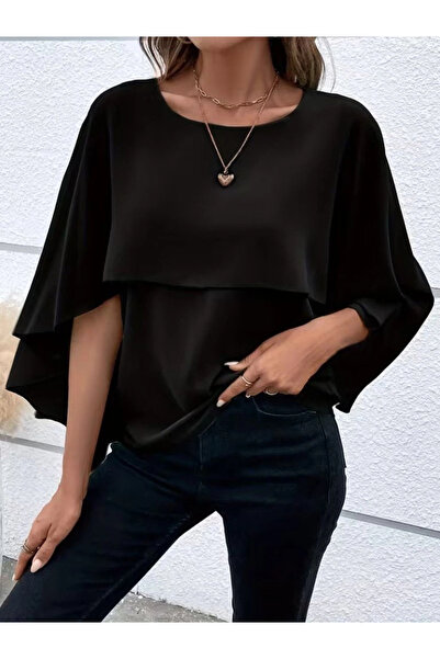 Beruflic Women's Short Sleeve Round Neck Wide Cut Bat Sleeve Sandy Blouse