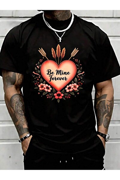 En22 تي شيرت أسود بتصميم قلب وزهور من Be Mine Forever للرجال، هدية عيد الحب، ...