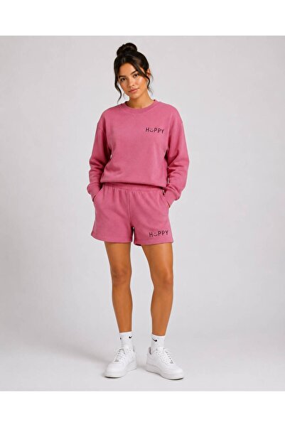 herkesemoda Hüppy Printed Women's Oversize Sweatshirt with Shorts Tracksuit Set