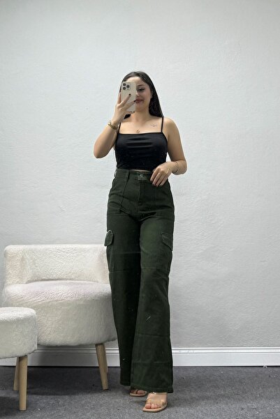Generic Brand Women's Cargo Pocket Palazzo Jeans Khaki