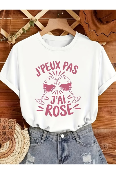 LİNA06 J'PEUX PAS J'AI ROSE Text Print Pattern, Casual Crew Neck Short-Sleeve...