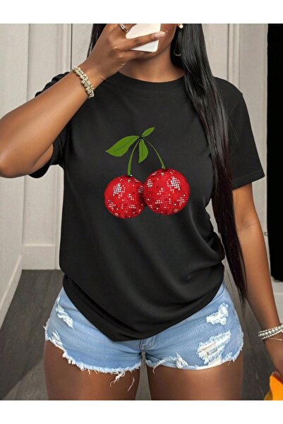 Ekim11 Round Neck Casual cotton T-Shirt Women with Cherry Print, Comfortable ...