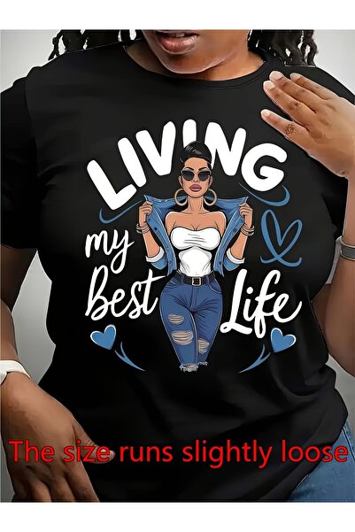 NOURAM تي شيرت نسائي بطبعة شعار "Living My Best Life" بتصميم يجسد قوة المرأة،...