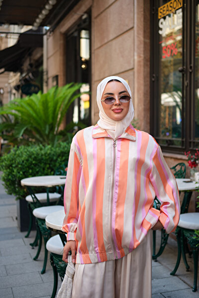 LOCCO بدلة سترة نسائية بثلاثة ألوان وتفاصيل مفصلة وسحاب أمامي باللون البرتقالي