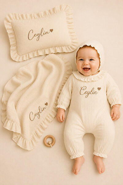 DOSİN Baby Baby Girl Name Embroidered Muslin Blanket & Pillow Set Gift Newbor...