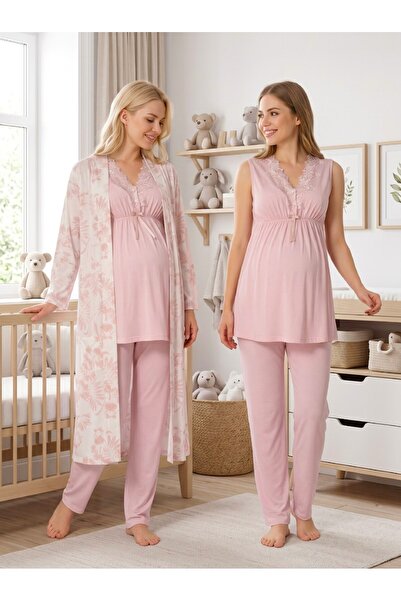 Lohussa New Season Pink Patterned Design with Breastfeeding Feature, Wide Str...