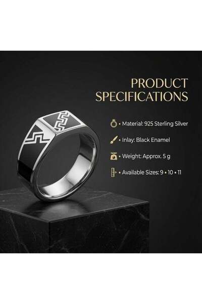 AK JEWELS 925 Sterling Silver Men's Enamel Ring with Black Geometric Inlay – Modern Men's Style Band