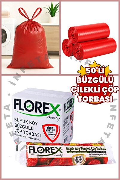 İnfeta 5 Rolls of 10 Pieces 65X70 cm Drawstring Strawberry Scented Garbage Ba...