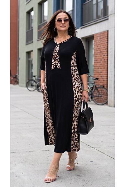 yagmurberen Leopard Printed Pocketed Full Lycra V-Neck Plus Size Cotton Visco...