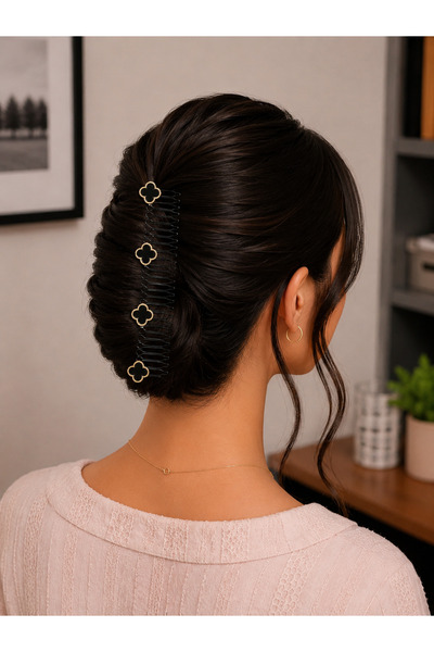 Bymiel Black Clover Detailed Flexible Hair Comb Clip – Women's Hair Gathering...