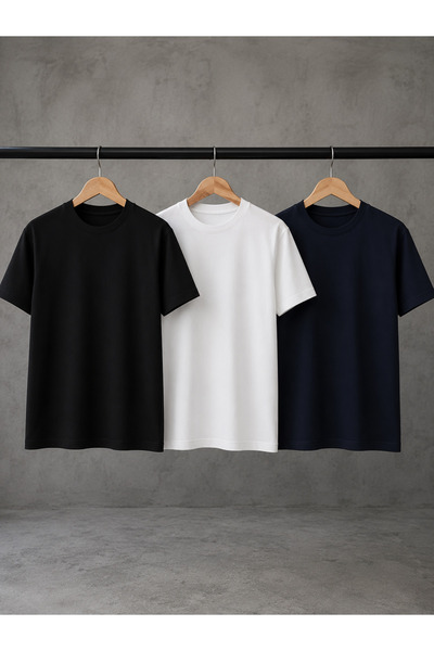CAONNES 3 Color T-Shirt Set Summer Single Jersey Compact Oversize Basic Crew ...