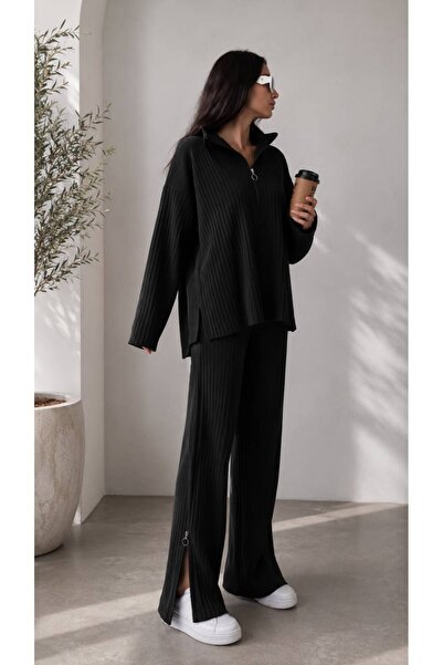 STF MODA Women's Ribbed Collar and Side Zipper Cuffs Knitwear Set