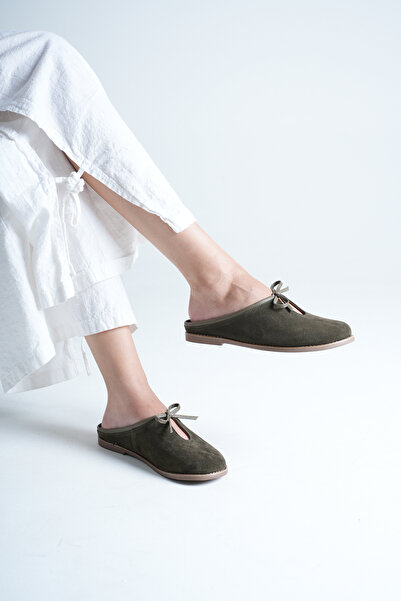 ANALİN SHOES شبشب نسائي مسطح من الجلد الطبيعي مزين بفيونكة - جلد سويدي كاكي