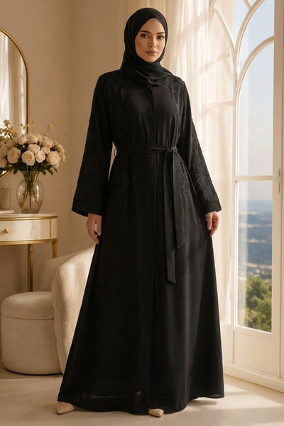 Neva Style Dantel Detaylı Kuşaklı Siyah Tesettür Ferace 29140S