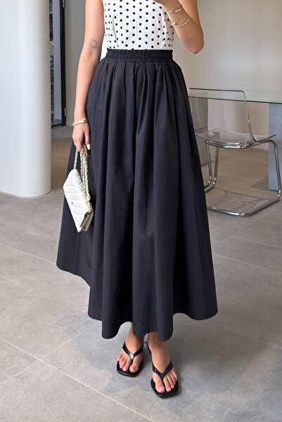 MAGARDE Poplin Skirt with Elastic Waist and Pocket Detail - Black