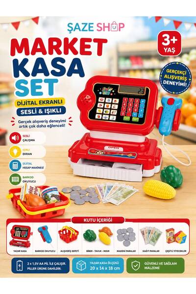 SAZE Dijital Ekranlı Sesli Işıklı Market Kasa Seti Barkod Okuyuculu Alışveriş...