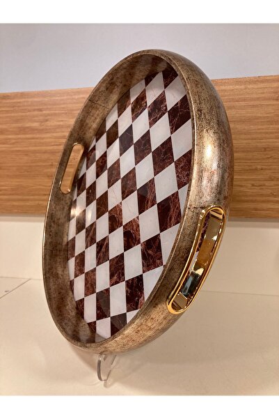 PLUS HOME Tray with Wood and Glass Details, Brown Color, Checkered, Round Mod...