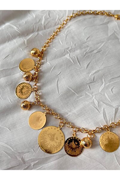 Adelya Luxe 22K Altın Kaplama Çeyrekli Ata Lira Toplu Kolye Düğünlük Kolye