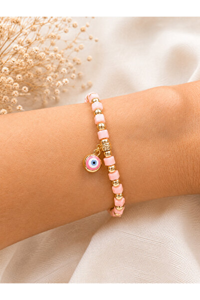 Azrua Natural Stone Yavruağzı Cube Stone Beaded Gold Color Detailed Bracelet,...
