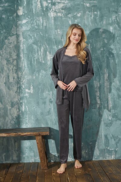 Bebelop Women's Rope Strap Thin Lace Detailed Dressing Gown Winter Velvet 3-P...