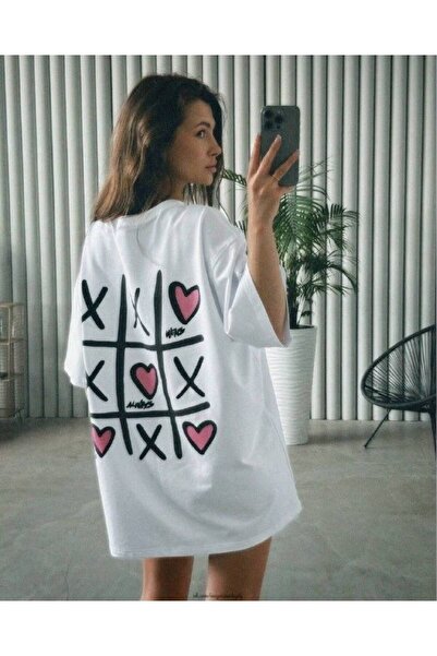 JANTIL MODA Women's Oversize Cut Tic-Tac-Toe Patterned Printed Long Tunic T-S...