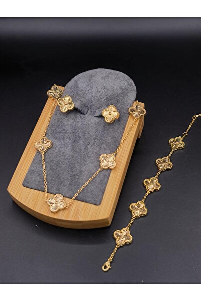 Glamour Galore Gold Color Four-Leaf Clover Steel Jewelry Set Necklace Bracele...