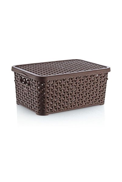 RNL04 Home 6 Liter Wicker Patterned Brown Multi-Purpose Organizer Basket with Lid