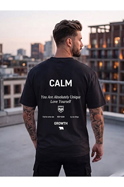 Flubutik Tricou oversize tricotat pentru bărbați, negru, cu imprimeu Calm Gro...