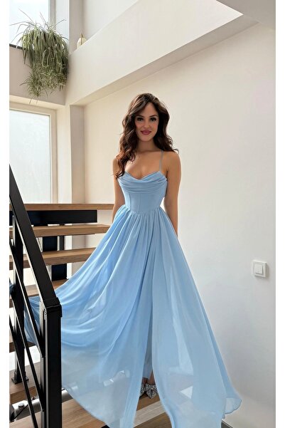 ayşenur Dinçer butik Anna Tül Askılı Abiye Bebe Mavisi