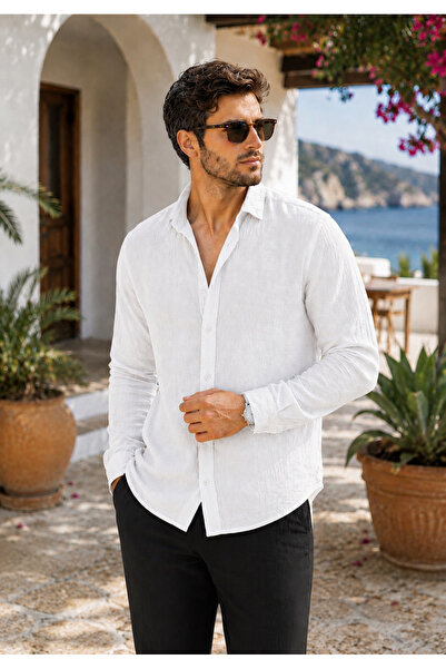 BM BALANCEMODA Men's Half Oversize Muslin Fabric Long Sleeve Collared Breathable