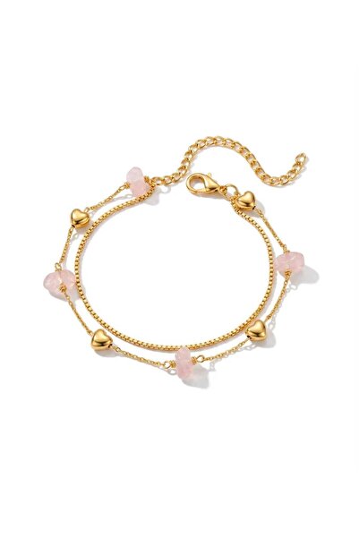 Mervişim Aksesuar Zircon Pink Stone Detailed Gold Chain Anklet