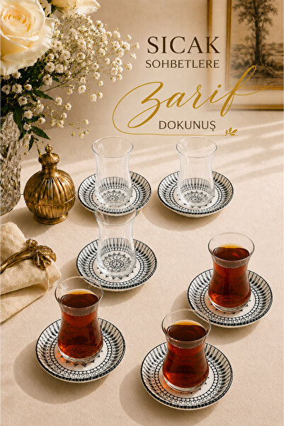 ZURİ DESİGN طقم أكواب شاي زجاجية لـ 6 أشخاص مع صحون شاي من البورسلين بنقوش سو...
