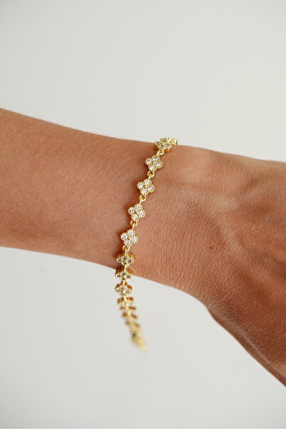 CM Jewelry Zirkon Taşlı Minik Yonca 14K Altın Kaplama VIP Bileklik