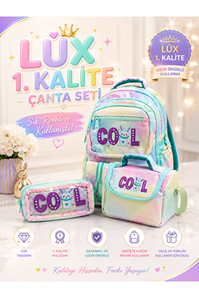 ideal STORE LÜX 3 LÜ COOL 1.KALİTE RENGARENK ÇANTA+BESLENME+KALEMLİK SETİ