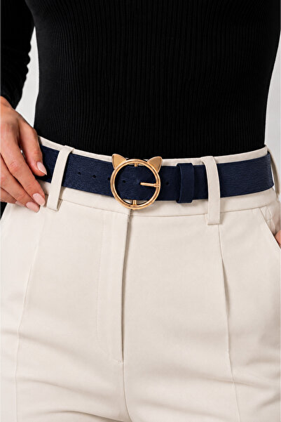 kemer krallığı Women's Dark Navy Blue Gold Cat Buckle Belt